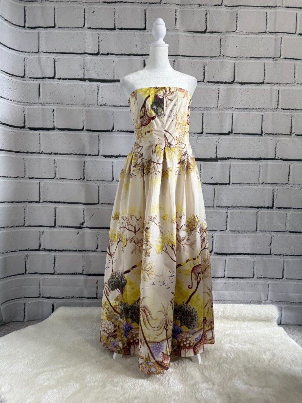 NWT Caroline Constas Safari Jungle Print Strapless Cotton Maxi Dress Smocked M - Picture 2 of 15